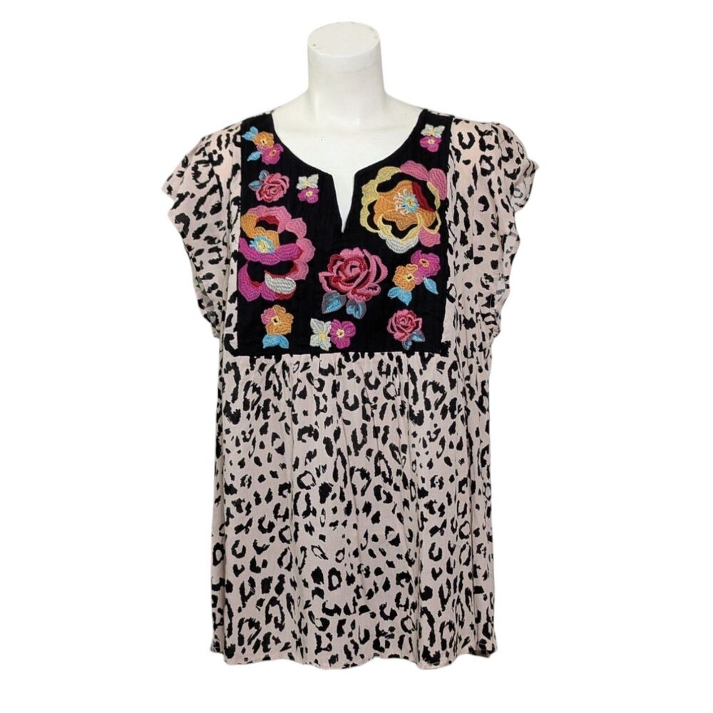 Savanna Jane Animal Print Peasant Blouse Top 2X Embroidered Boho Festival Floral